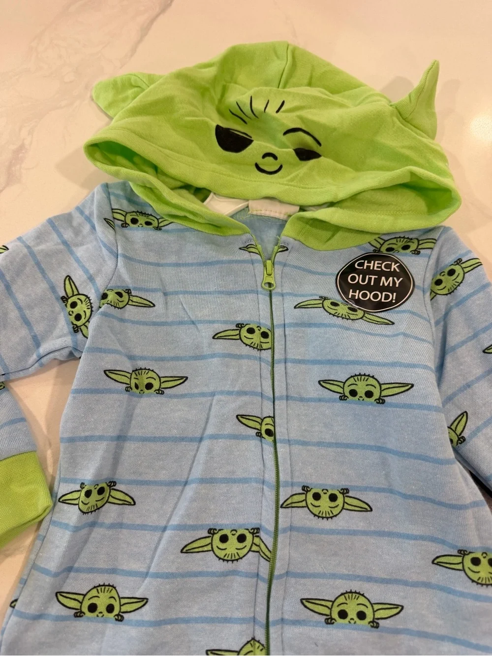 Star Wars Baby One-Piece Footie in Light Blue and Lime Green - The Child Print